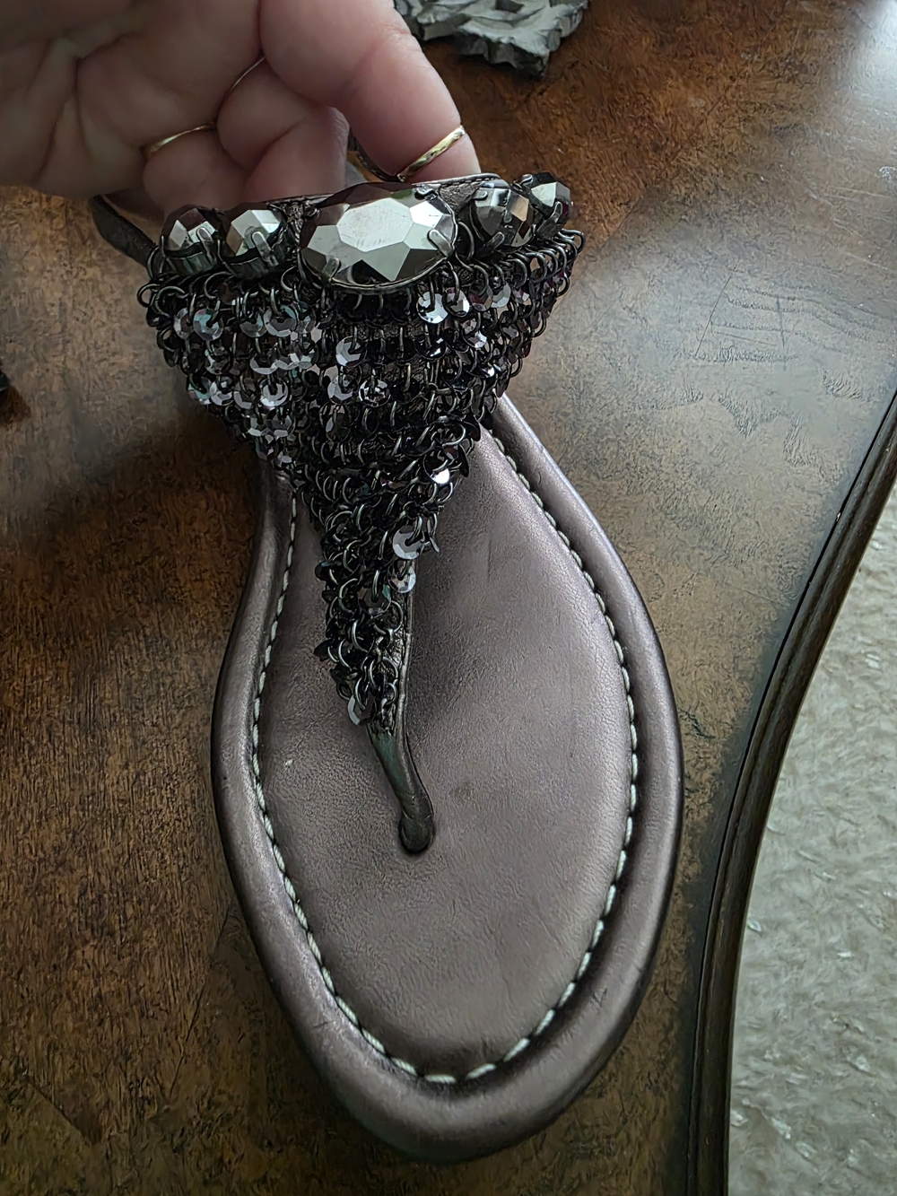 Embellished Taupe Women’s T-Strap Sandals